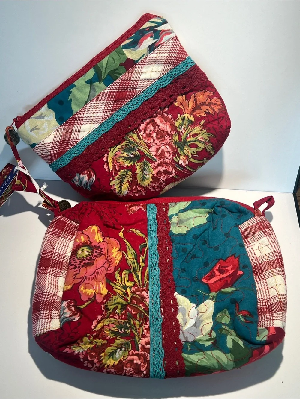 April Cornell Red Floral Quilted Cosmetic Crossbody with Teal Accents